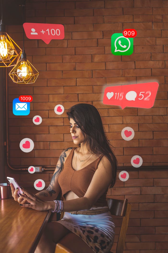 gallery-3 Woman using smartphone in cafe with social media notifications around.